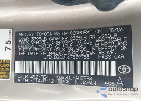 2006 Toyota Prius from USA, damaged, VIN JTDKB22U167539788